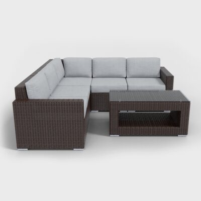 dark brown rattan sectional 6 piece with light gray cushions