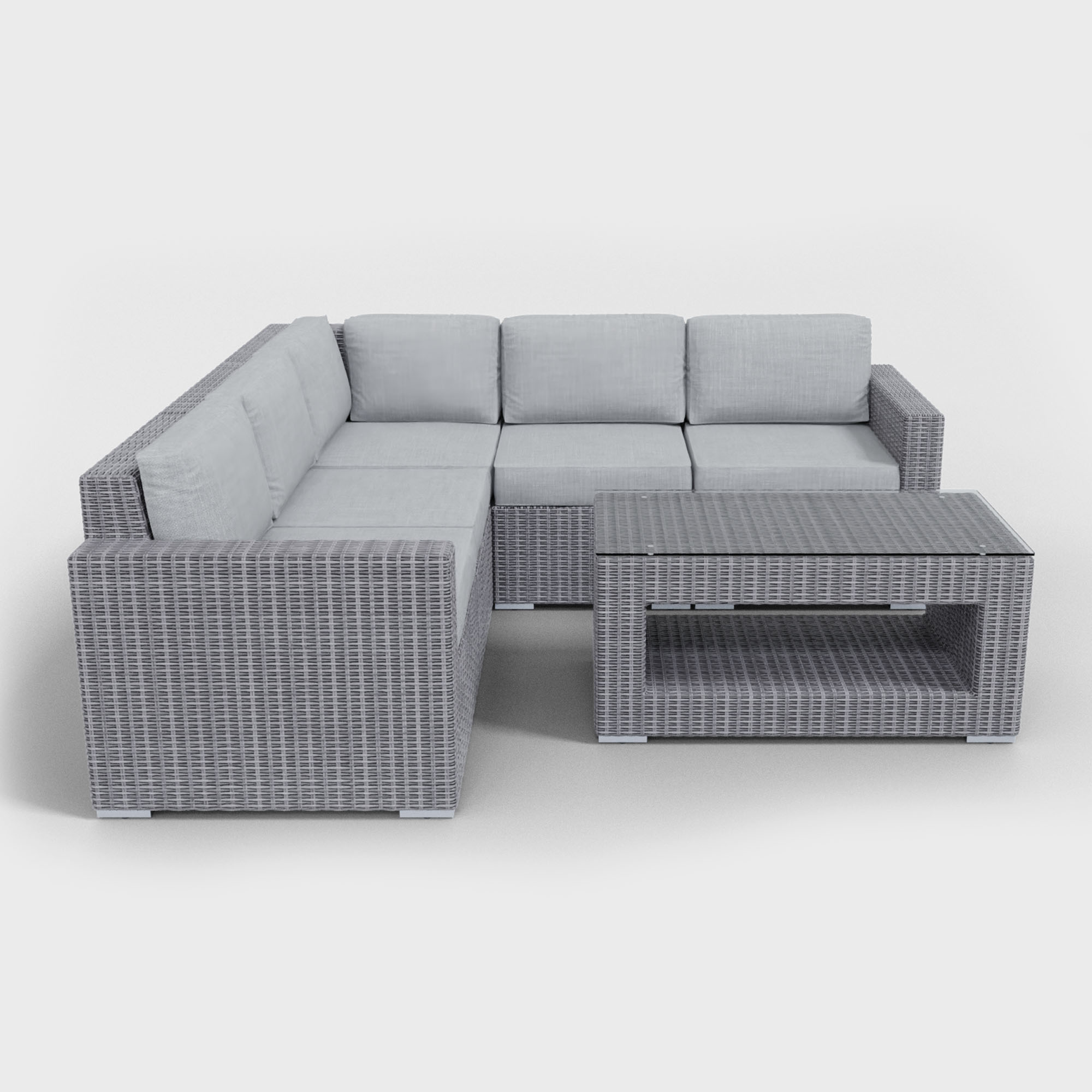 gray rattan sectional 6 piece with light gray cushions