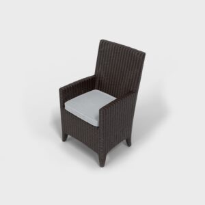 brown rectangular rattan dining chair with a gray cushion