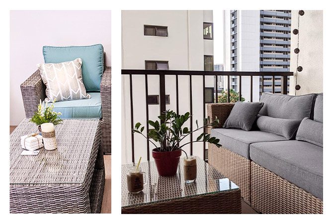 gray rattan outdoor furniture with pillows