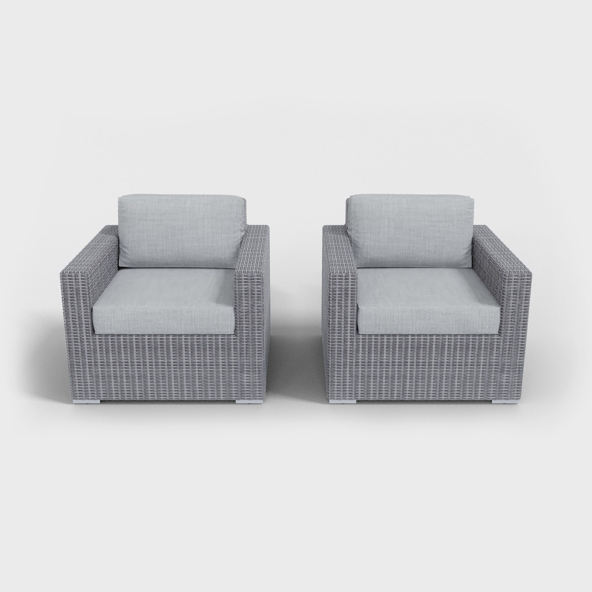 gray wicker with light gray cushions armchairs